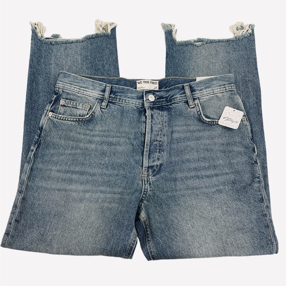 Free People Jeans Blue Maggie Distressed Raw Hem Mid Rise Straight Leg Size 29 - Picture 13 of 13